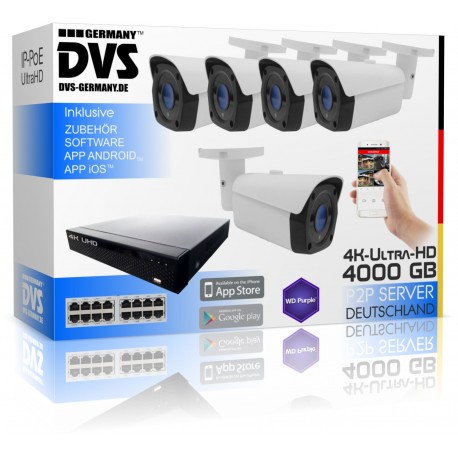 Video surveillance 4K HDD recorder 4TB with 5x 8 megapixel PoE cameras