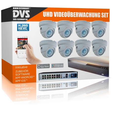 UltraHD Videoüberwachung Set 4K Rekorder inkl. 8x 4K Dome IP Poe Kameras Bewegungserkennung