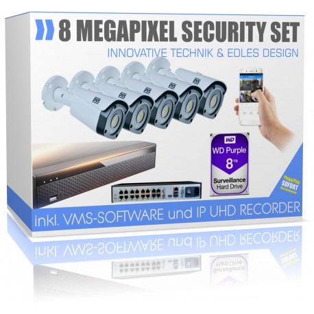 Video surveillance 5x 8 megapixel PoE cameras and 4K HDD recorder 8TB