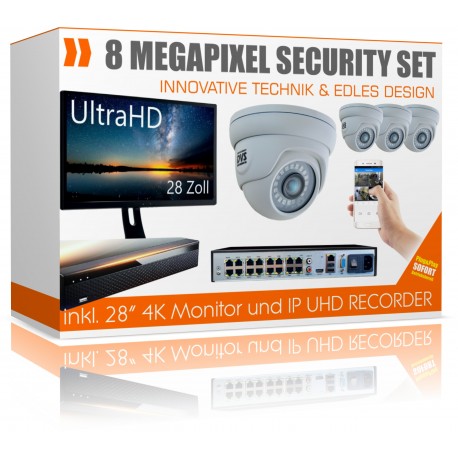 UltraHD surveillance camera set with 28 inch monitor 4K recorder incl.4x 4K dome IP Poe cameras